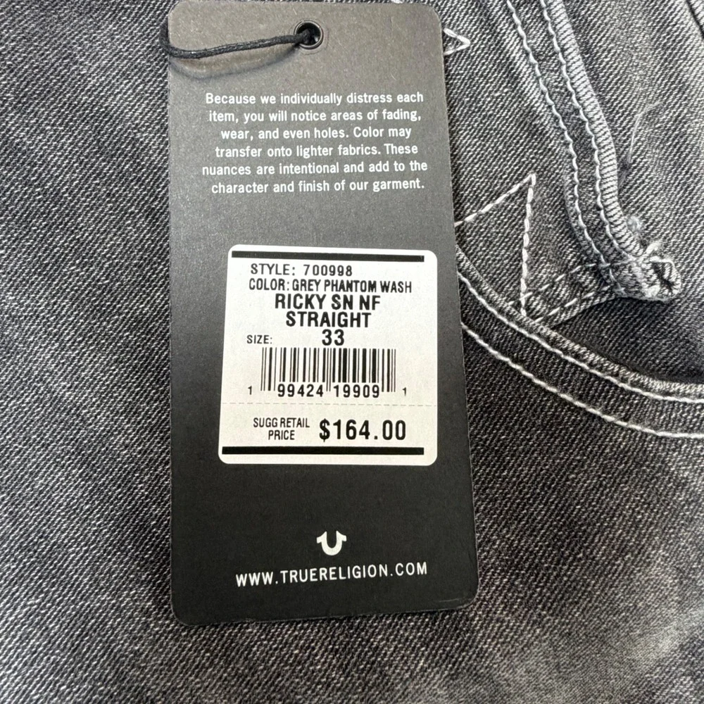 True Religion Ricky Relaxed Straight Men 33 Gray Denim Jeans Acid Wash Y2K Comfy